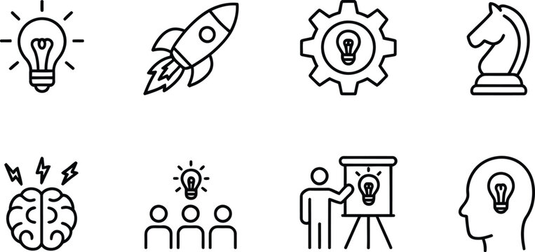 Minimalist black outline business innovation icon set featuring lightbulb rocket ship gear chess knight brain team presentation and human head