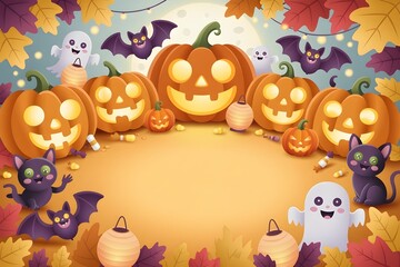 Fototapeta premium Premium Kids Halloween Background with Friendly Pumpkin Lanterns and Copy Space