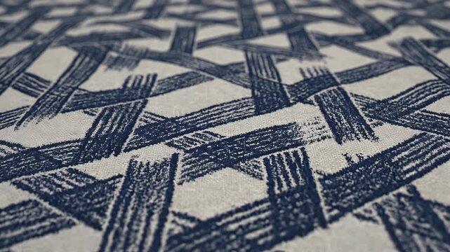 Close-up of blue indigo brushstroke crosshatch pattern printed on woven canvas textile, showing textured fabric surface with repeating geometric diagonal motif and stamped detail
