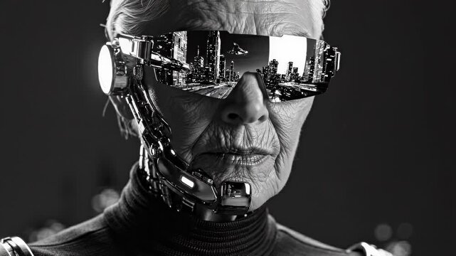 Monochrome close-up portrait of an elderly woman depicted as a chrome cyborg wearing a reflective visor that mirrors a futuristic city skyline, blending age with technology