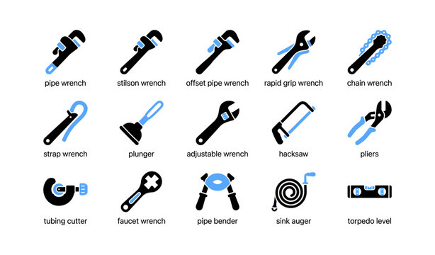Plumbing tool icons showing wrenches cutters and pipe tools