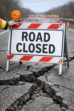 A road closure sign sitting by the road, perfect for indicating detours or construction areas