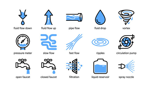 Fluid flow and plumbing icons showing pipes gauges and nozzles
