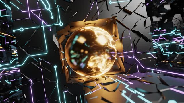 Glowing orb with shattered fragments highlighting geometric patterns and contemporary art