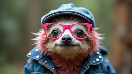 Fototapeta premium Sloth wearing pink glasses and denim jacket poses for a portrait in a natural outdoor setting with blurred greenery in the background