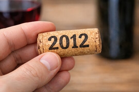 A person holds a wine cork with the number 2012 written on it
