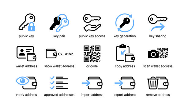 Wallet and key management icons showing addresses and qr codes