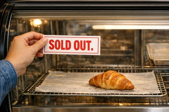 A person holds up a sign saying 'Sold Out'