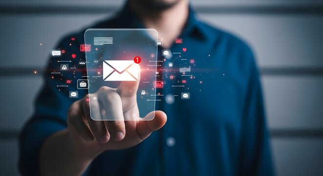 Man interacting with futuristic email notification interface on transparent screen