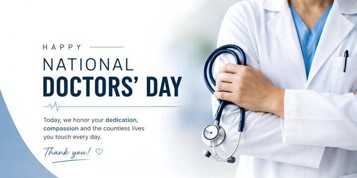 National doctors day greeting with doctor in white coat holding stethoscope, medicine