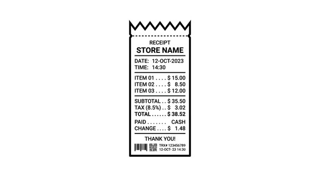 Black and white receipt document with transaction details isolated on white