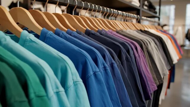 Rows of colorful cotton tshirts neatly hung on wooden hangers along a metal clothing rack inside a modern retail boutique, showcasing gradient hues, organized apparel display.