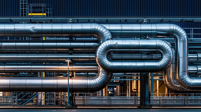 Large insulated silver steel pipes arranged in geometric pattern at modern industrial plant during dusk with warm glowing interior lighting