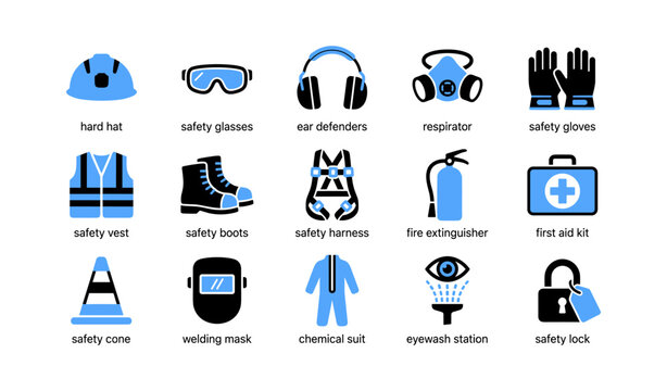 Safety equipment icons showing protective gear and tools