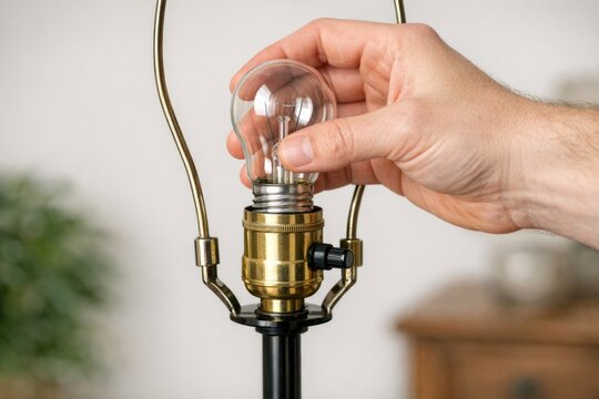 A person holds a light bulb in their hand, ready to change the light fixture