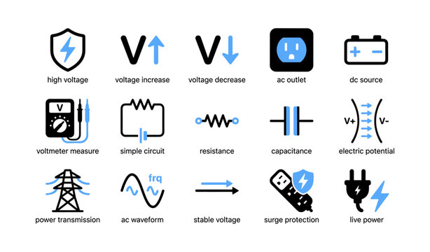 Collection of electrical and voltage icons arranged in grid