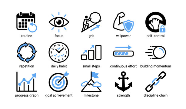 Habit and self control icons arranged on white background