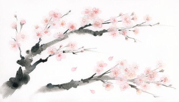 Sakura Cherry Blossom Branches Full Bloom Watercolor Sumi-e Painting Falling Petals Horizontal