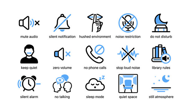Quiet and silence icons arranged in grid on white background
