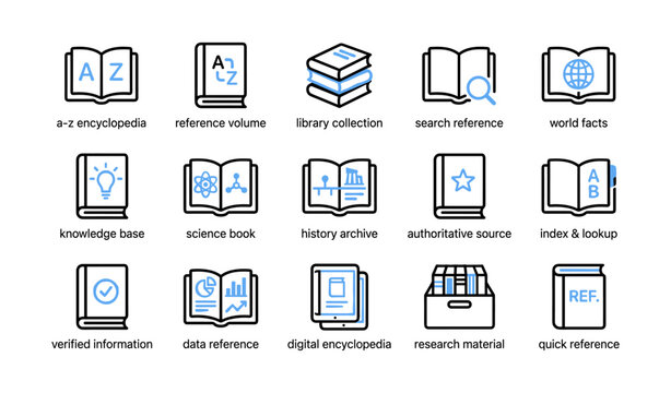 Book and reference icons arranged in grid on white background