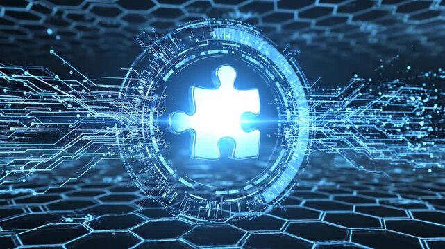 Futuristic glowing blue 3D puzzle piece hologram encased in a high-tech circular HUD ring hovering above a hexagonal grid, with cybernetic circuitry and digital interface elements