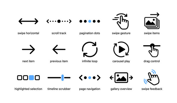 Icons of swipe and carousel navigation gestures on white background