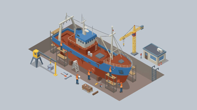 Isometric illustration of shipyard workers building a boat.