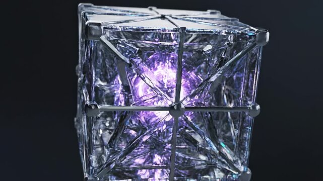 Glowing crystalline energy cube encased in a transparent metallic geometric frame with intricate lattice struts and a luminous cyan core floating against a dark backdrop