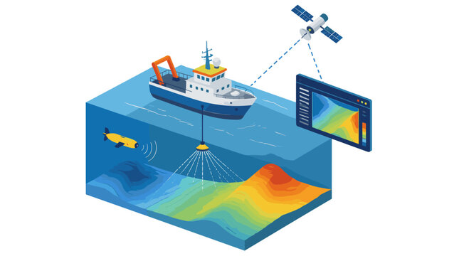 Modern blue vessel depicted as ship with navigational features and satellite elements.