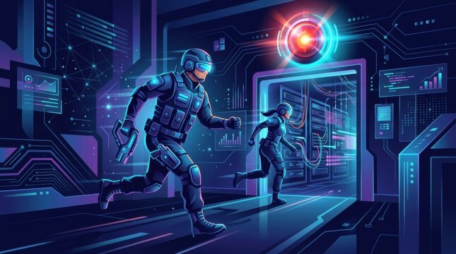 Security personnel act swiftly during an incident in a digital control room at night, responding to a potential threat on alert.