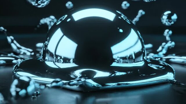 Close-up of glossy chrome liquid droplets forming reflective metallic spheres and puddles on a dark surface, illuminated by cool cyan studio lighting for a futuristic look