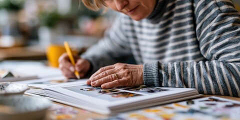Fototapeta premium A focused woman adds personal touches to her scrapbook, reflecting creativity and nostalgia as she creates a visual narrative of cherished memories through photographs.
