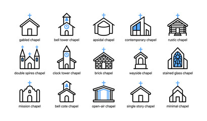 Fototapeta premium Various chapel icons displayed in grid on white background