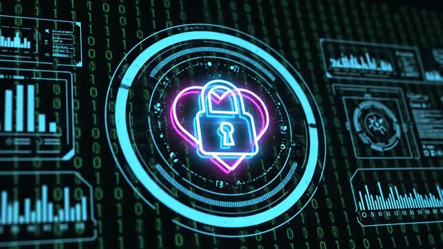 Neon heart padlock hologram encircled by futuristic digital HUD rings over a binary code backdrop with data charts and analytics evoking cybersecurity and privacy