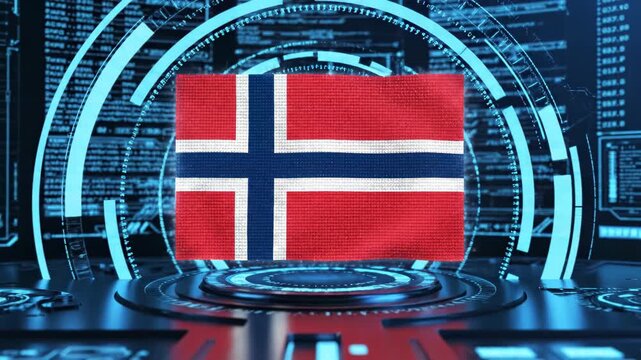 Norwegian flag displayed within a futuristic holographic control center, surrounded by circular HUD elements, data-rich digital displays, code panels and neon blue interfaces