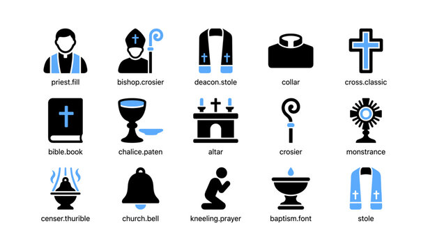 Religious icons showing church symbols and clergy on white