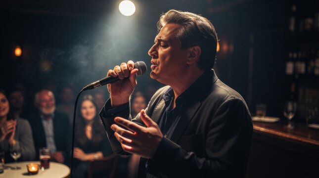 Male Singer Performing Live with Microphone on Stage