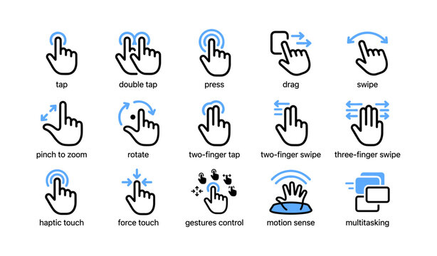 Hand gesture icons illustrating touchscreen interactions on white