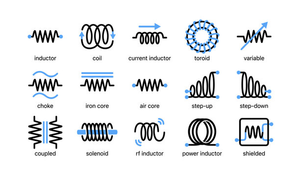 Inductor and coil symbols arranged in grid on white background