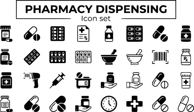 Pharmacy Drug Dispensing Icon Set Pill Capsule Label Dose Refill Bottle Counter Barcode Drug Dispense Medical Rx Vector Illustration