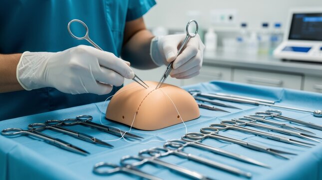 Surgeon practicing suturing on medical training model
