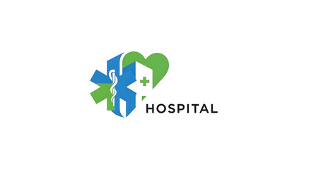 Fototapeta premium Abstract hospital logo with a green heart and a blue star of life symbol representing healthcare and wellness