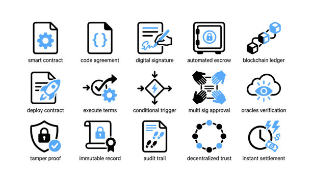 Blockchain and smart contract icons illustrating ledger and security