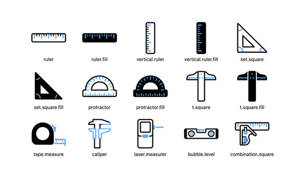 Measuring and drafting tool icons arranged in grid on white background