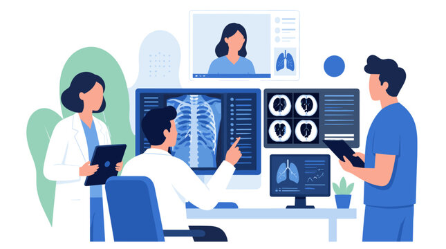 Medical Professionals Analyzing X-ray Images on Screens.