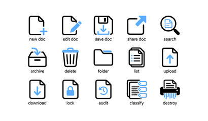 Fototapeta premium Document icons arranged in labeled grid on white background