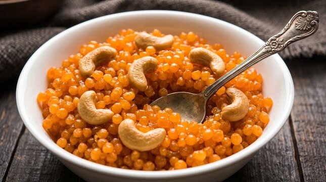 Sabudana or Sago Kesari dessert for Vrat Upvas also known as Sweetened Tapioca Pearl. served in a bowl. selective