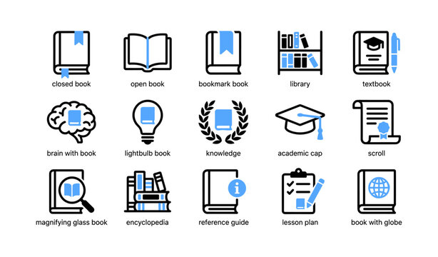 Book and education icons displayed in grid on white background