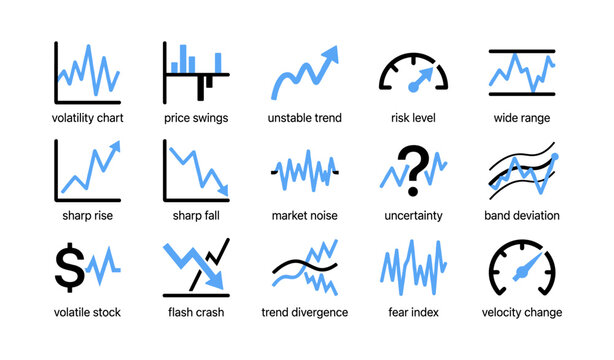 Market volatility icons arranged in grid on white background
