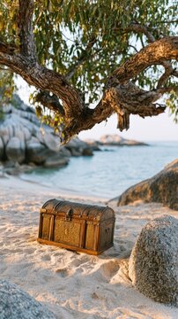 Vintage treasure chest with engraved brass details on sandy beach under tropical tree branches